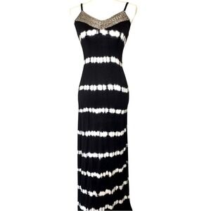 INC Beaded Spaghetti Strap Maxi Dress Black and White Tie Dye.  Size XS